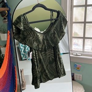 Cold shoulder jungle pattern green blouse